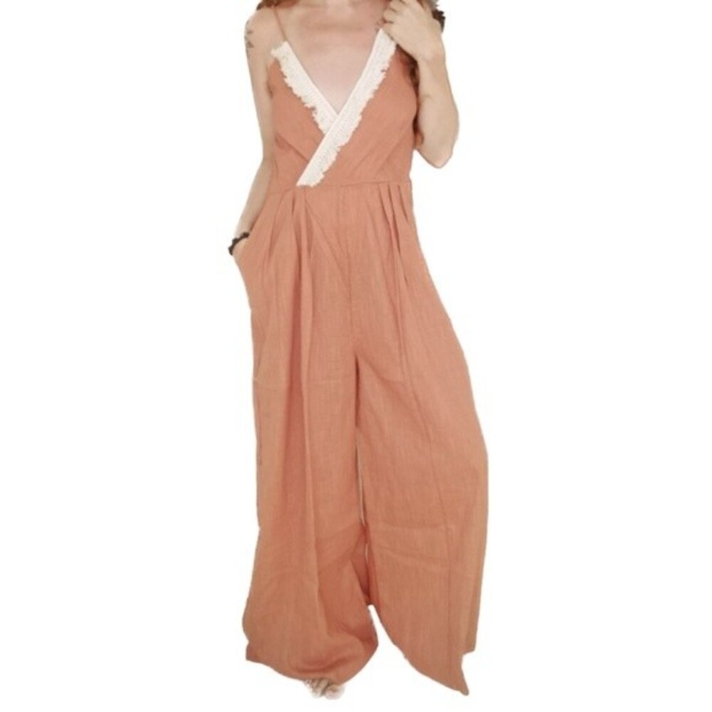 Dharma Swasti Women's Linen Blend Spaghetti Straps with Pockets Jumpsuit Size L